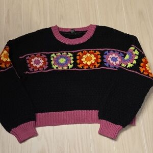 Forever 21 Chunky Knit Granny Square Crochet Sweater Large Crop C001